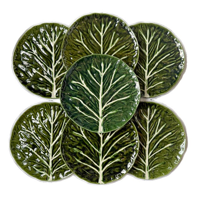 1980s Portuguese Faianças Cabbage Leaf Dinner Plates - Set of 7 For Sale