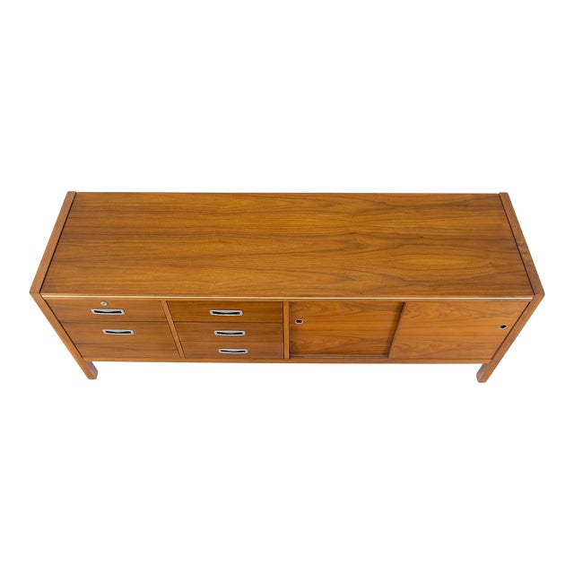 Drexel Walnut Mid Century Modern Long Credenza Sliding Doors 5 Drawer File For Sale