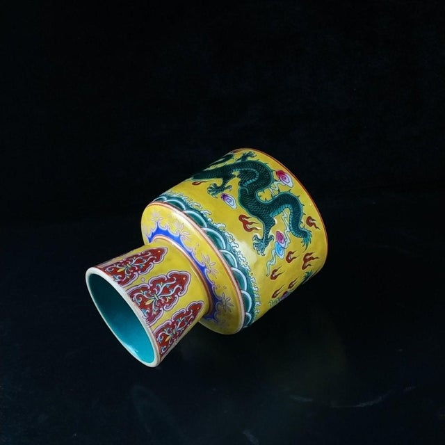 Traditional Vintage Yellow Ground Famille Rose Stem Cup With Green Dragons For Sale - Image 3 of 9