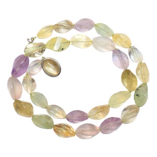 Art Deco Beaded Necklace With Prehnite, Citrine, and Amethyst, 25" For Sale