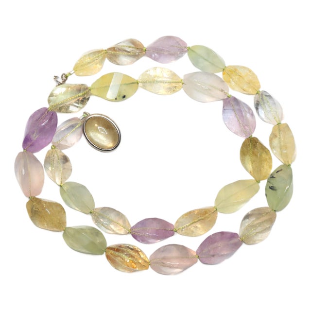 Art Deco Beaded Necklace With Prehnite, Citrine, and Amethyst, 25" For Sale