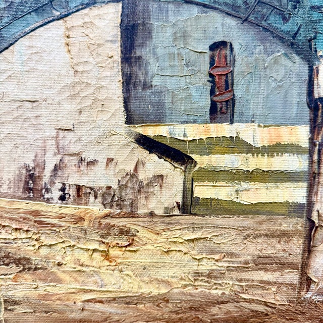 Blue Vintage Mid-Century Palette Knife Oil Painting, Mediterranean Village Street With Archway, Signed, Gold Frame For Sale - Image 8 of 9