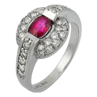 1950s Mid Century Ruby Diamond 14k White Gold Ring, Size 6.5 For Sale