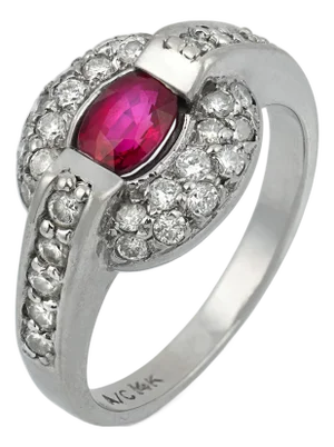 1950s Mid Century Ruby Diamond 14k White Gold Ring, Size 6.5