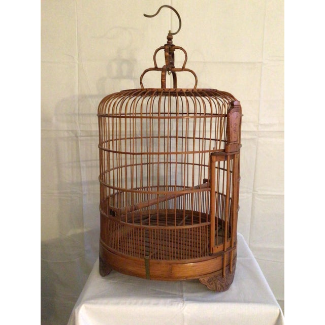 1960s Handmade Bamboo Wood Birdcage With Brass Hook For Sale - Image 4 of 11