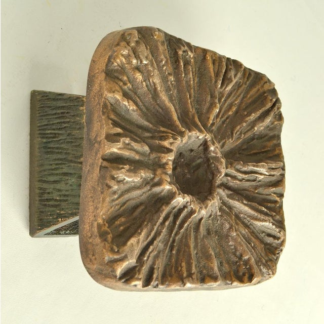 Metal Brutalist Bronze Square Push Pull Door Handles with Flower Relief, 1970s, Set of 2 For Sale - Image 7 of 14