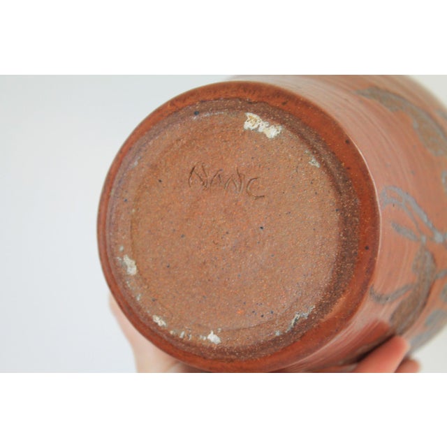 Terra Cotta Vintage Studio Art Pottery Vase W/ Floral Motif For Sale - Image 8 of 9