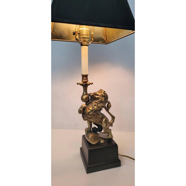 20th Century Brass-Tone Lion Table Lamp, Neoclassical Black Shade, 28.5 Inch For Sale - Image 4 of 18