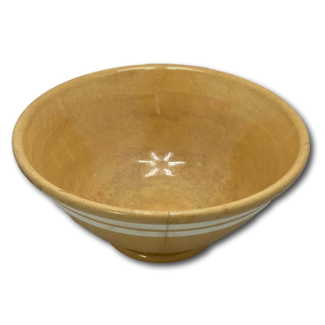 Antique Large Thick & Heavy 15 Inch Size Double Cream Banded Yellow Ware Kitchen Mixing Bowl Circa Mid 1800s For Sale - Image 12 of 18