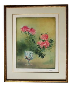1970s Vintage Kaiko Moti Roses in Vase Etching Print