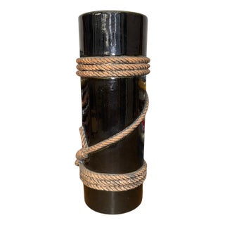 Deep Black Cylindrical Ceramic Vase with Rope Design For Sale