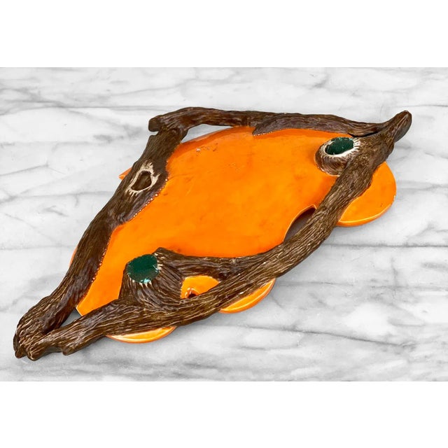 Mid-Century Atomic Porcelain Orange Wood Centerpiece Serving Platter For Sale - Image 9 of 10