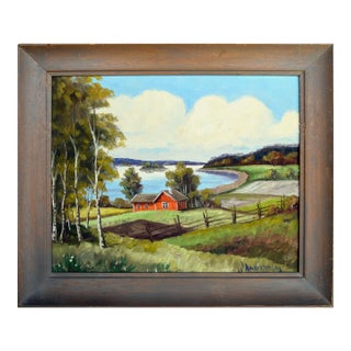 Mid Century River & Farm Landscape in Oil on Canvas Stretched Over Board by J. Anderson For Sale