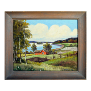 Mid Century River & Farm Landscape in Oil on Canvas Stretched Over Board by J. Anderson