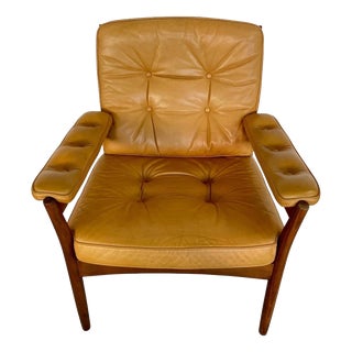 Vintage Swedish Tan Leather and Wood Lounge Chair by Göte Möbler, 1970s For Sale