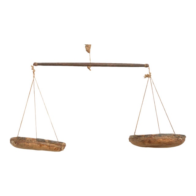 Antique Leather & Wood Hanging Market Scale For Sale
