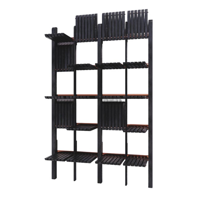 Modern Shelving System Handcrafted Black Stained Wood on the Steel Frame Modular Shelves 1500 Mm For Sale