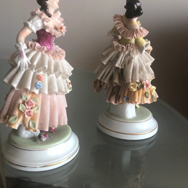 1940s Female Porcelain Figurines With Dresden Lace - a Pair For Sale In San Diego - Image 6 of 10