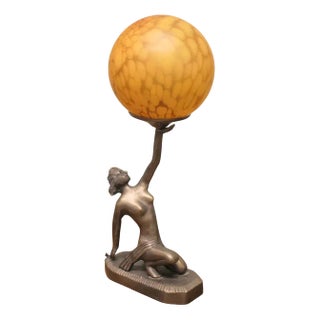 Art Deco Female Bronze Sculpture Globe Lamp, 1960 For Sale