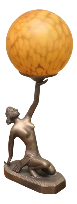Art Deco Female Bronze Sculpture Globe Lamp, 1960