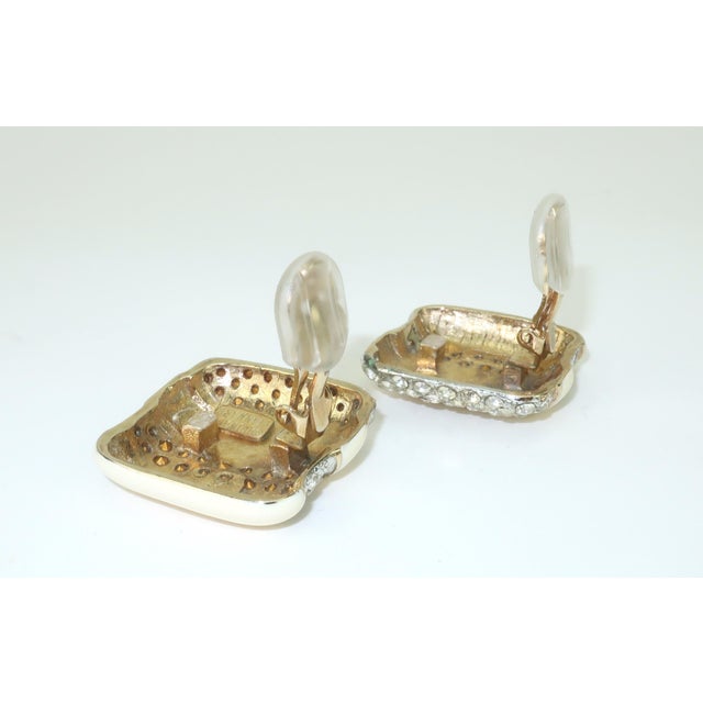Cream Donald Stannard Enamel & Crystal Rhinestone Earrings, 1980's For Sale - Image 8 of 10