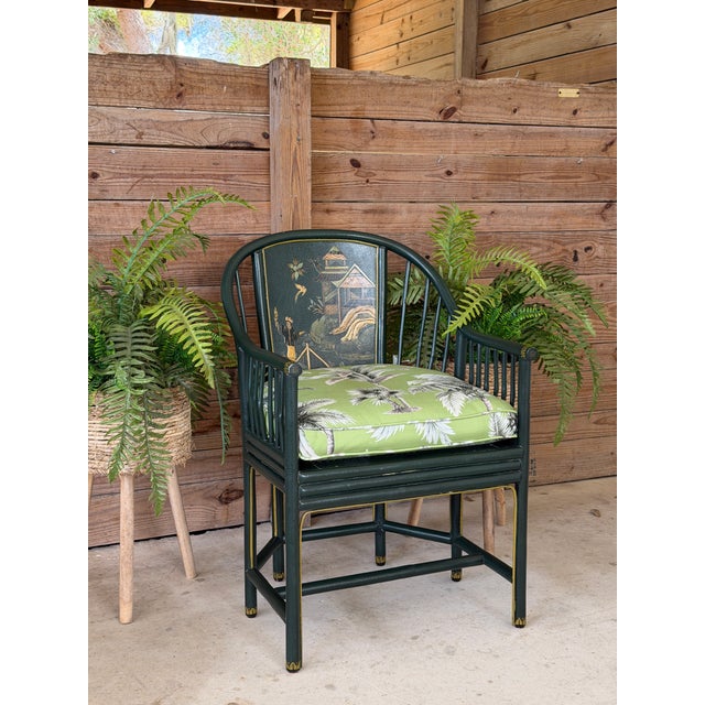 Vintage Maitland-Smith Hand-Painted Chinoiserie Armchair With Custom Palm Cushion For Sale - Image 12 of 12