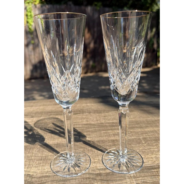 Waterford Late 20th Century Waterford Golden Lismore Tall Champagne Flutes 8.75" Gold Rim Signed Set of 2 For Sale - Image 4 of 5