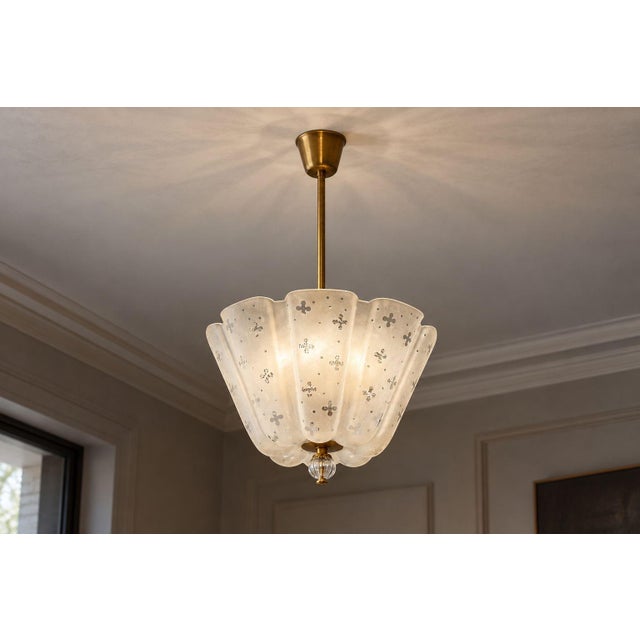 Nils Landberg, Orrefors, Swedish Mid-Century Modern, Rare Chandelier or Pendant Light, Etched Glass, Brass, Sweden, 1940s...