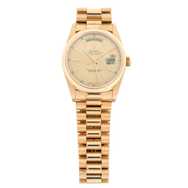 Vintage 18K Gold Rolex Day-Date "President" Watch, circa 1979, in original box. Watch features a 35mm 18K gold case with...