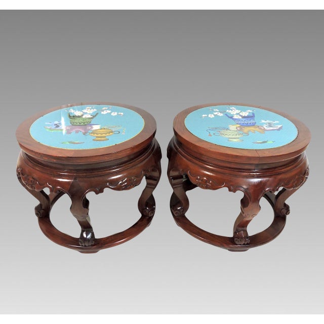 Mid 20th Century Fine Chinese Carved Rosewood and Cloisonné Stools, Side Tables, Pedestals With Flowers, Bats & Scholarly Objects, a Pair For Sale - Image 5 of 15