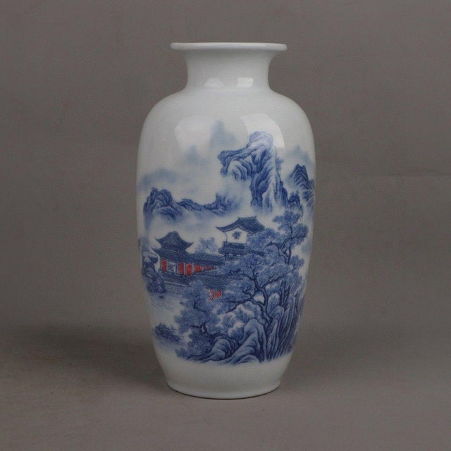 Ceramic Pair of Vintage Blue and White Vases With Underglaze Red For Sale - Image 7 of 9