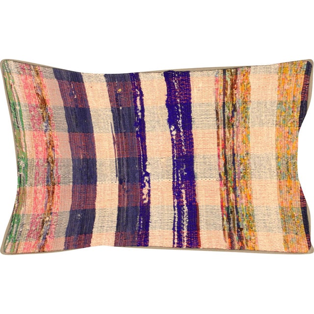 1960s Turkish Rag Pillow. Sewn with fragments of vintage hand made Anatolian cotton & linen kilims. Fiber fill.