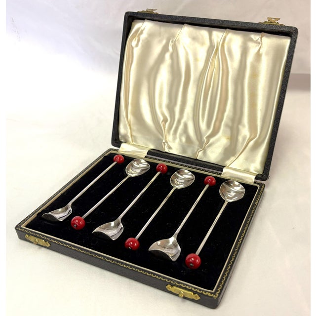 Mid-Century Modern 1920's Art Deco Silverplate Cocktail Muddling Spoons Made in England- Set of 6 in Box For Sale - Image 3 of 18