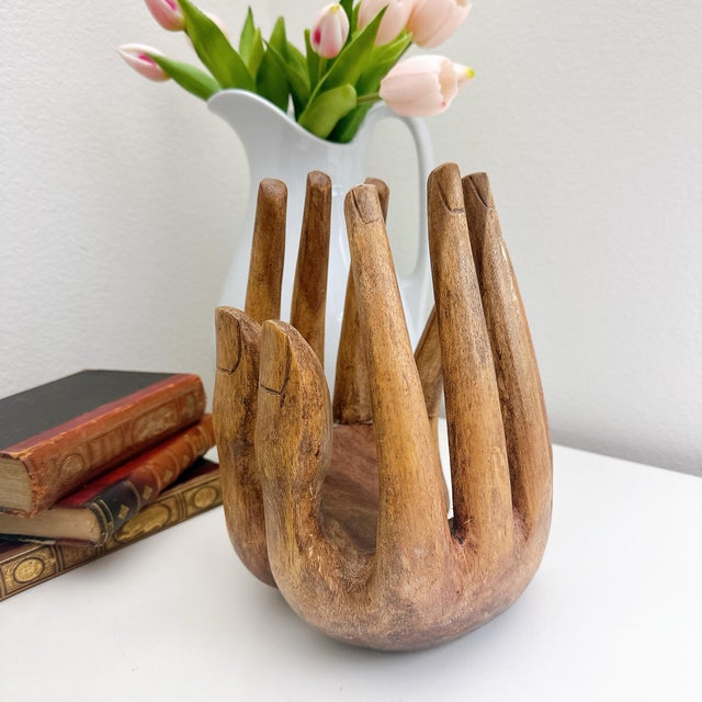 Rare Vintage Hand Carved Wooden Hands Bowl / Art Sculpture / Primitive Wood Centerpiece For Sale - Image 4 of 8