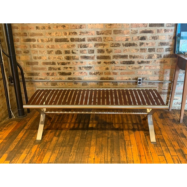 One‑of‑a‑Kind Mahogany Slatted Bench – Custom Brushed Steel Frame Modern Industrial Design For Sale - Image 12 of 12