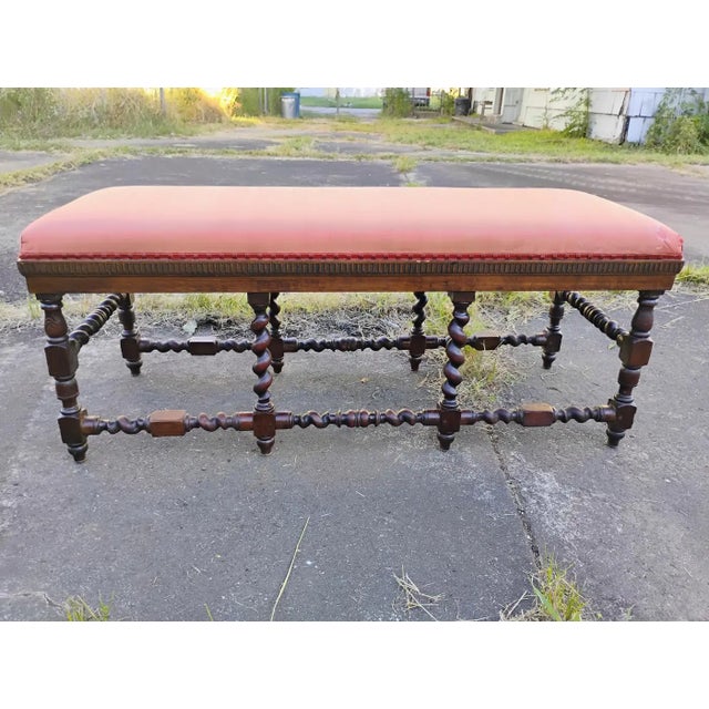 French Barley Twist Oak Bench | Antique Upholstered Entryway Seating For Sale - Image 4 of 10