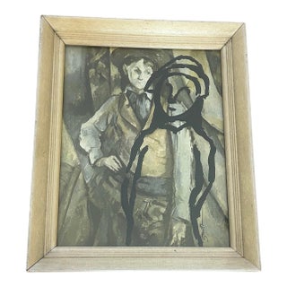 Vintage Modernist Figurative Portrait Mixed Media Painting Framed Signed For Sale
