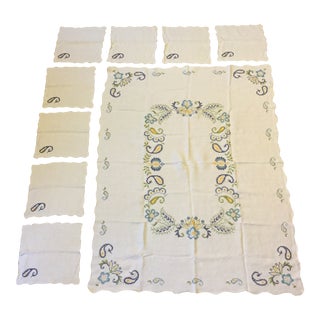 Late 20th Century Handmade Cross Stitched Tablecloth and Napkins - Set of 9 For Sale