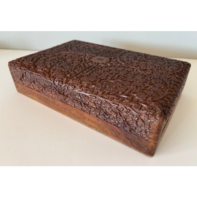Antique Anglo-Indian Kashmir Hand-Carved Wood Jewelry Box Velvet Lined 1920s For Sale - Image 17 of 18