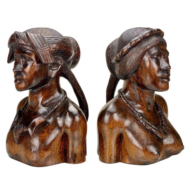 Vintage Balinese Tribal Figural Carved Mahogany Bust Sculptures - a Pair For Sale - Image 12 of 12