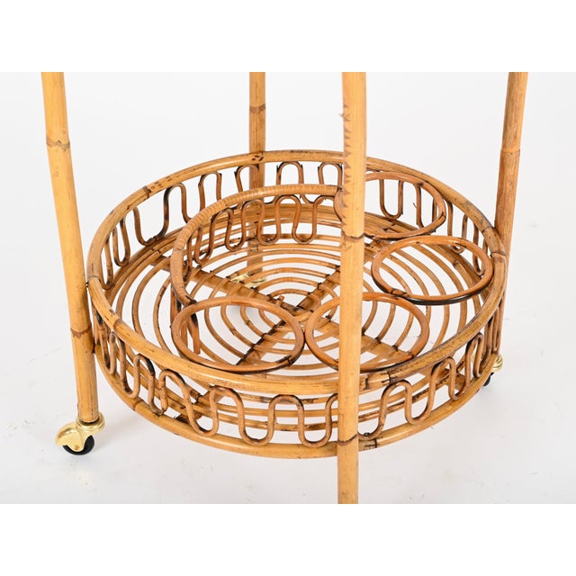 Blue French Riviera Round Serving Bar Cart in Rattan and Wicker, Italy, 1960s For Sale - Image 8 of 11