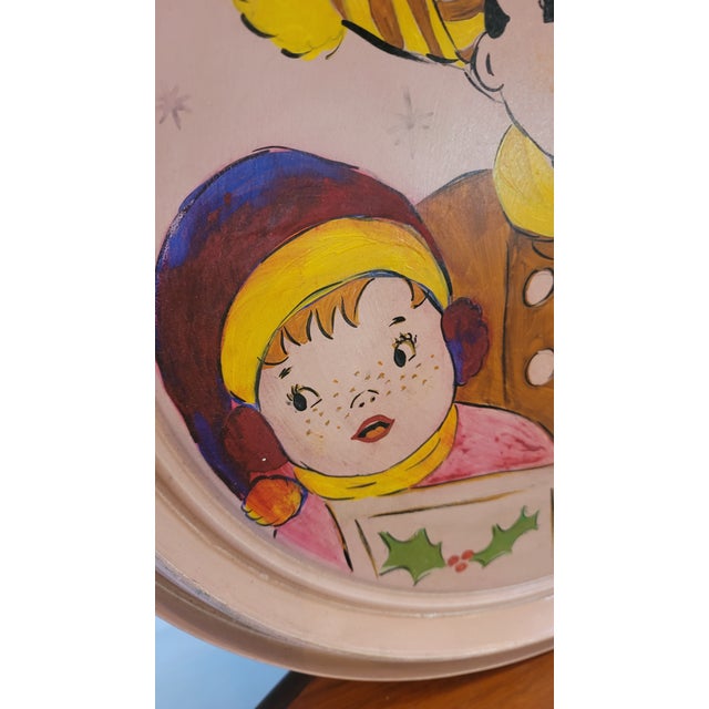 Metal Christmas Carolers Hand Painting Masterpiece 1940s Trench Art Military Drum Lid Folk Art For Sale - Image 7 of 8