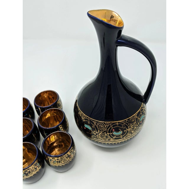 1980s Vintage 1980s Regency Navy Blue and Gold Carafe & Shot Glass Set - 7 Pieces For Sale - Image 5 of 13