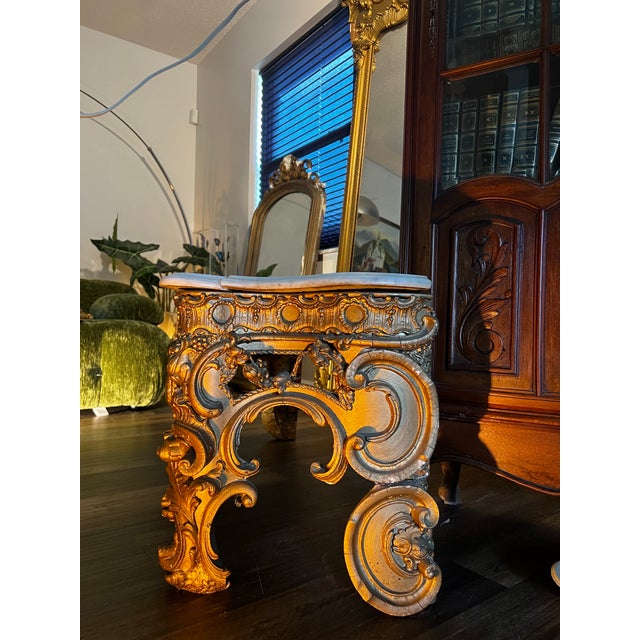 Gold Antique French Louis XV Giltwood Pier Mirror With Marble Top Console – Rococo For Sale - Image 8 of 8