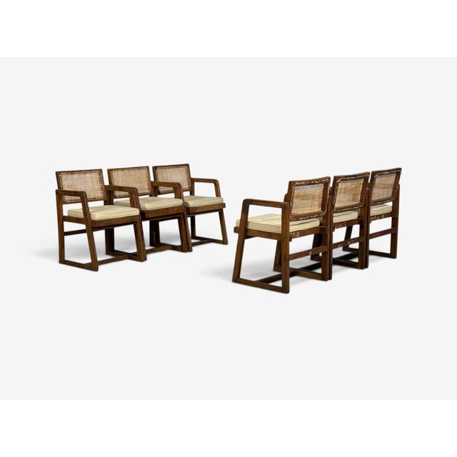 Mid-Century Modern Pierre Jeanneret, Six Dining Chairs, Teak, Cane, Chandigarh, India, 1960s For Sale - Image 3 of 16