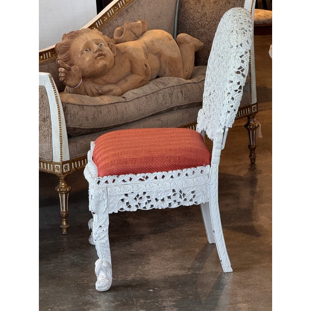 Late 19th Century Pair of Painted White Burmese Carved Side Chairs For Sale - Image 11 of 14