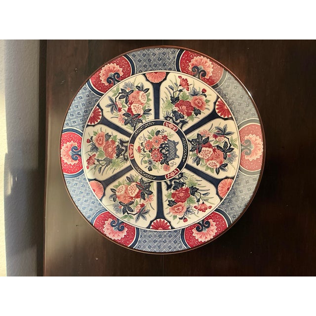 Pair of Tosho decorative plates, featuring a central basket of flowers surrounded by segmented panels of pink, red, and...