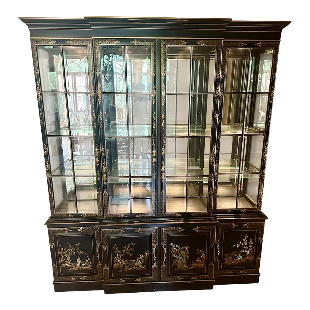1990s Chinoiserie Union National Black Japanned Lighted Breakfront