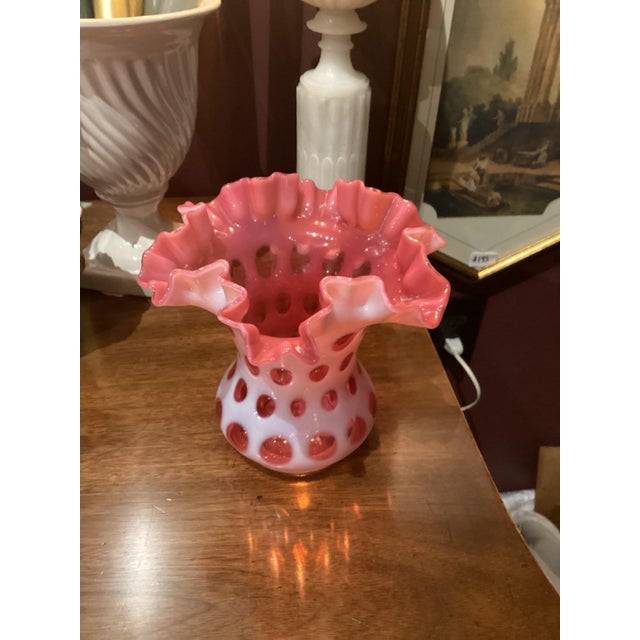 Bubble Gum Fenton Cranberry Coin Dot Ruffled Vase - Mid 20th Century Art Glass For Sale - Image 8 of 8