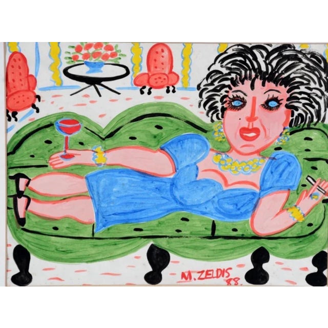 MALCAH ZELDIS Reclining Woman Wine and Cigarettes gouache on paper Hand signed and dated bottom right. titled in pencil on...